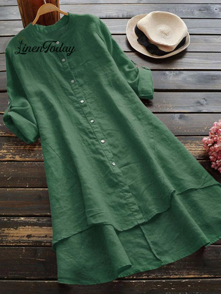 Women's Solid Color Loose Elegant Casual Cotton And Linen Shirt Dress