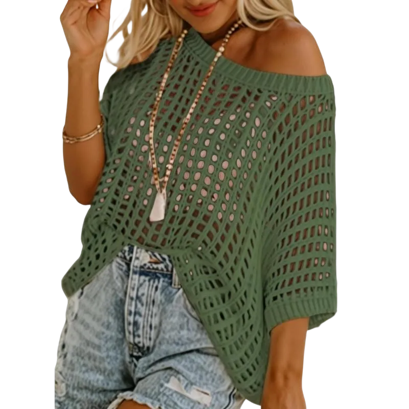 Womens Summer Scoop Neck Short Sleeve Sweater Casual Crochet Hollow Out Knit Tops