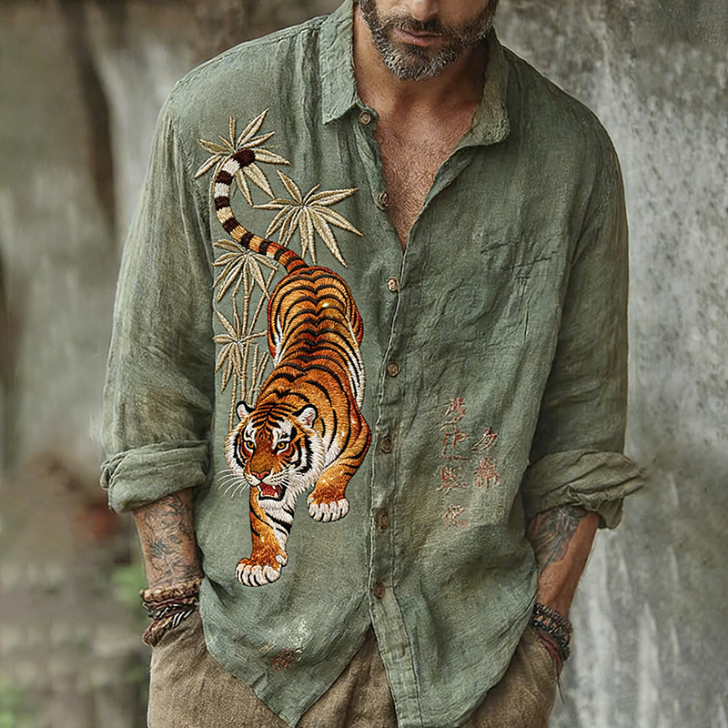 Men's Vintage Japanese Bamboo Tiger Art Print Long Sleeve Shirt