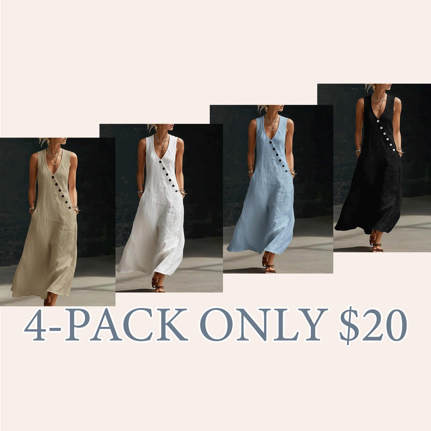 🔥Easter Sale!!Women’s Sleeveless Linen Maxi Dress – V-Neck Button Detail with Pockets