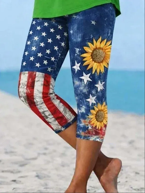 Women Sunflower Capris America Flag Printing Leggings Casual Summer Trousers