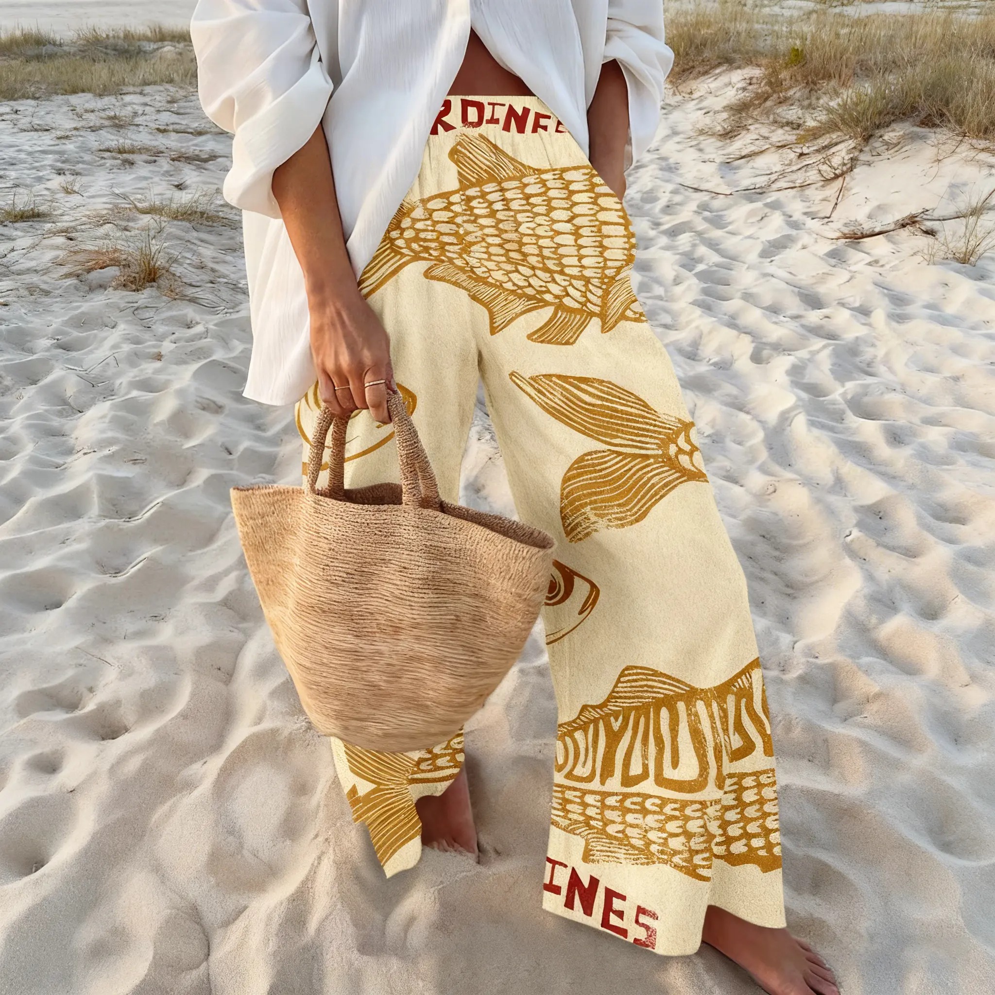 Women's Retro Nautical-Style Sardine Print Wide-Leg Pants with Contrasting Painted Loose and Comfortable