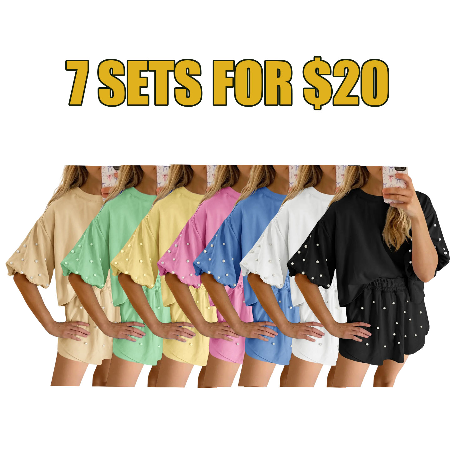 Chic Comfort Pearl Lounge Set – Puff Sleeve Top & Soft Knit Shorts