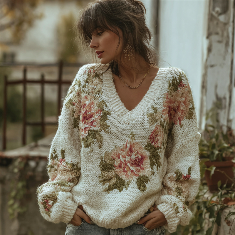 Vintage Pink Floral V Neck Cozy Knit Sweater