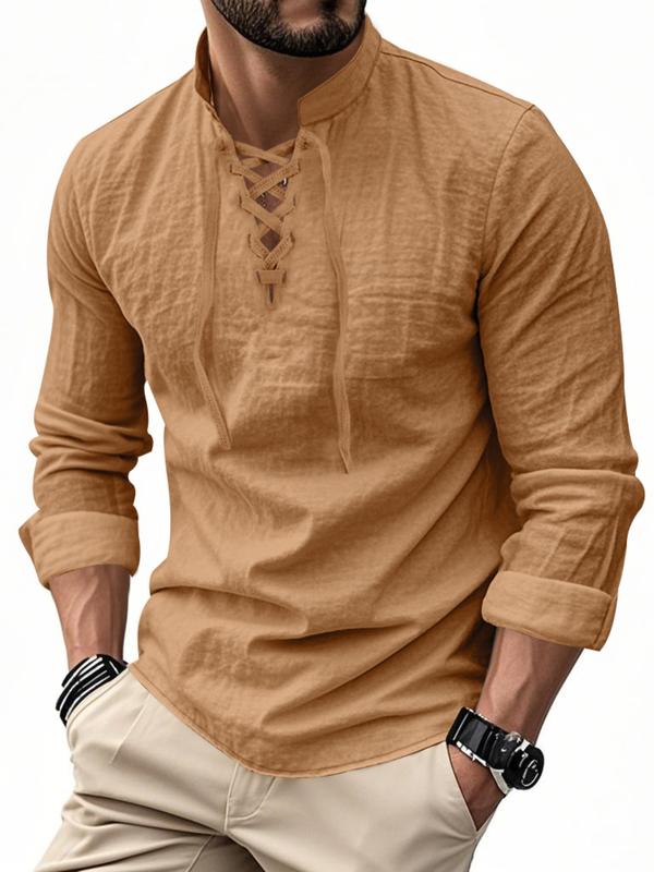 Men’s Lightweight Linen Long Sleeve Shirt with Drawstring Stand Collar
