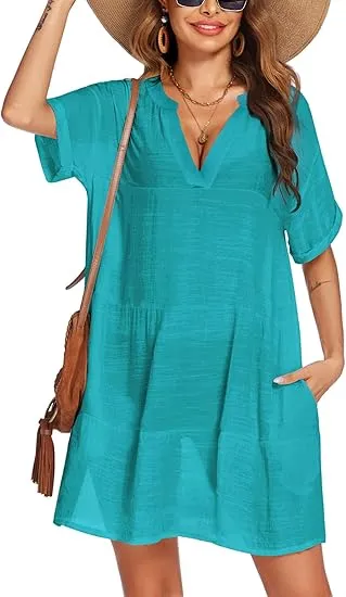 Women’s Tassel Swimsuit Cover Up Dress – V-Neck Short Sleeve Beach Cover Up Shirt
