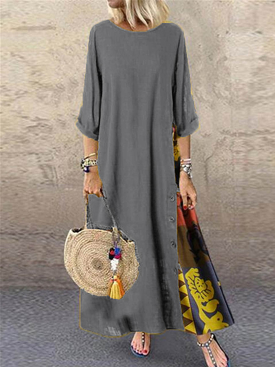 Women's Retro Floral Contrast Button Patchwork Cotton And Linen Casual Dress