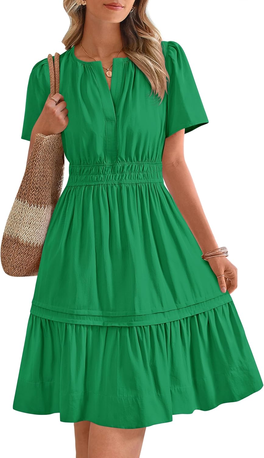 Women's Casual Dresses 2025 Summer Spring V Neck Short Sleeve Sundress Smocked Waist A Line Tiered Mini Dress