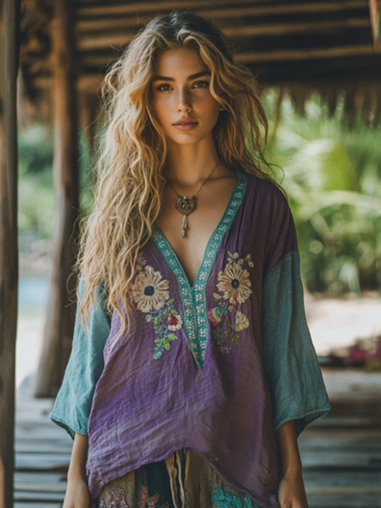 Retro Boho Tribal Floral Art Embroidery Print Cotton And Linen V-neck Loose Shirt ad16