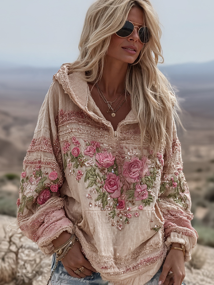 Women's Vintage Rose Floral Art Casual Half Zip Sweatshirt