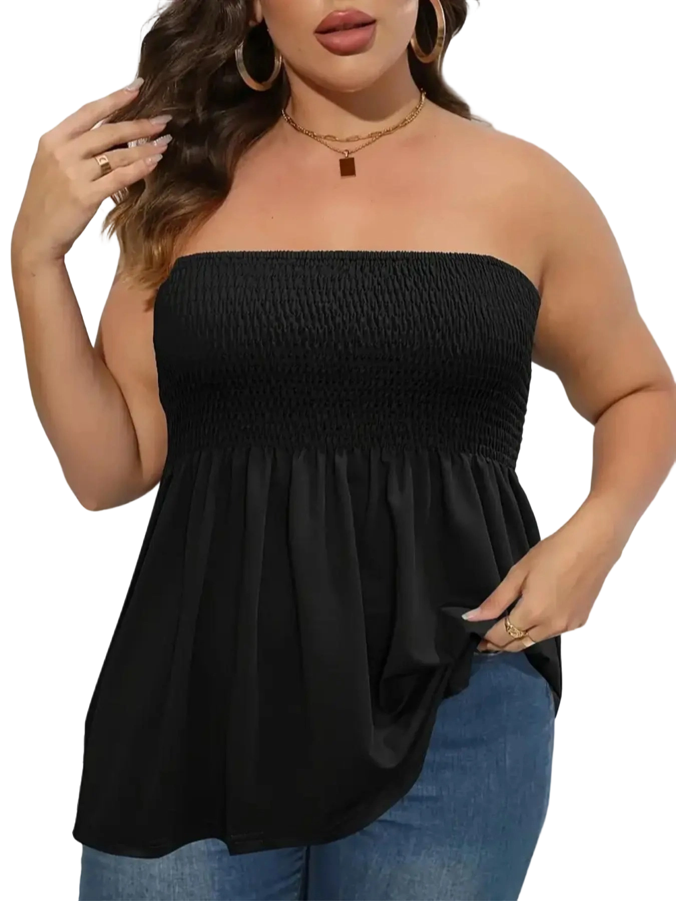 Women's n Strapless Top Plus Size Solid Ruffle Hem Shirred Tube Top