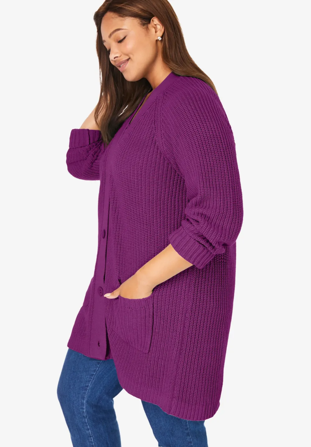 Button-Front Shaker Cardigan