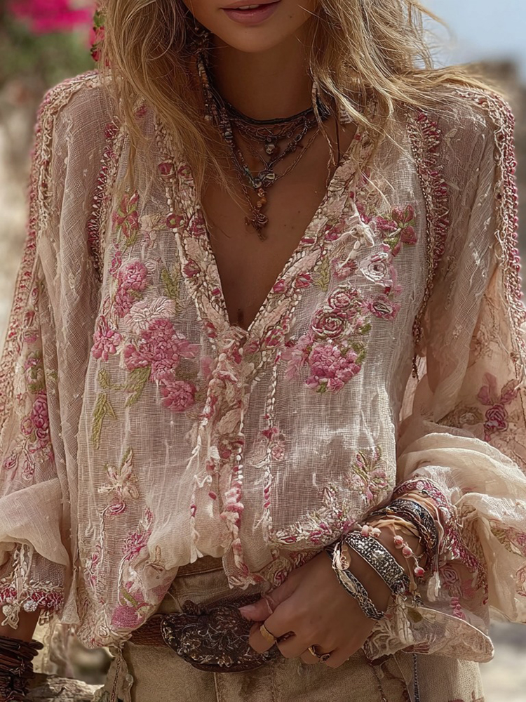 Women's Vintage Floral Pattern Casual V-neck Shirt