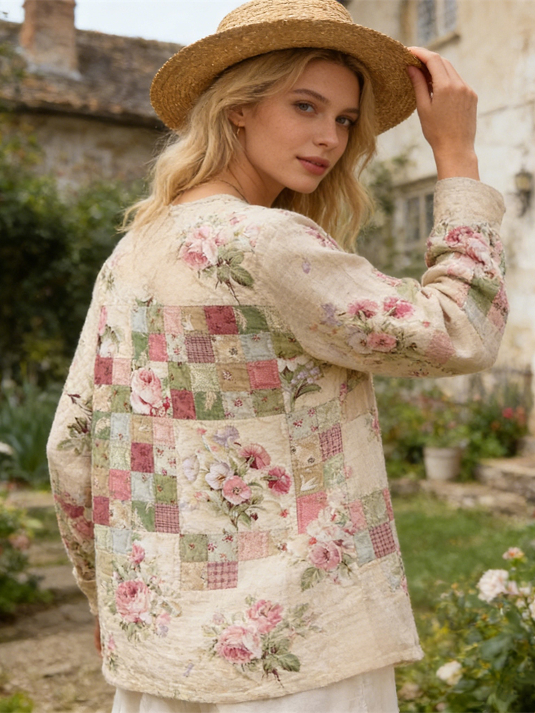 Boho Floral Vintage Pattern Women's Linen Long Sleeve Shirt