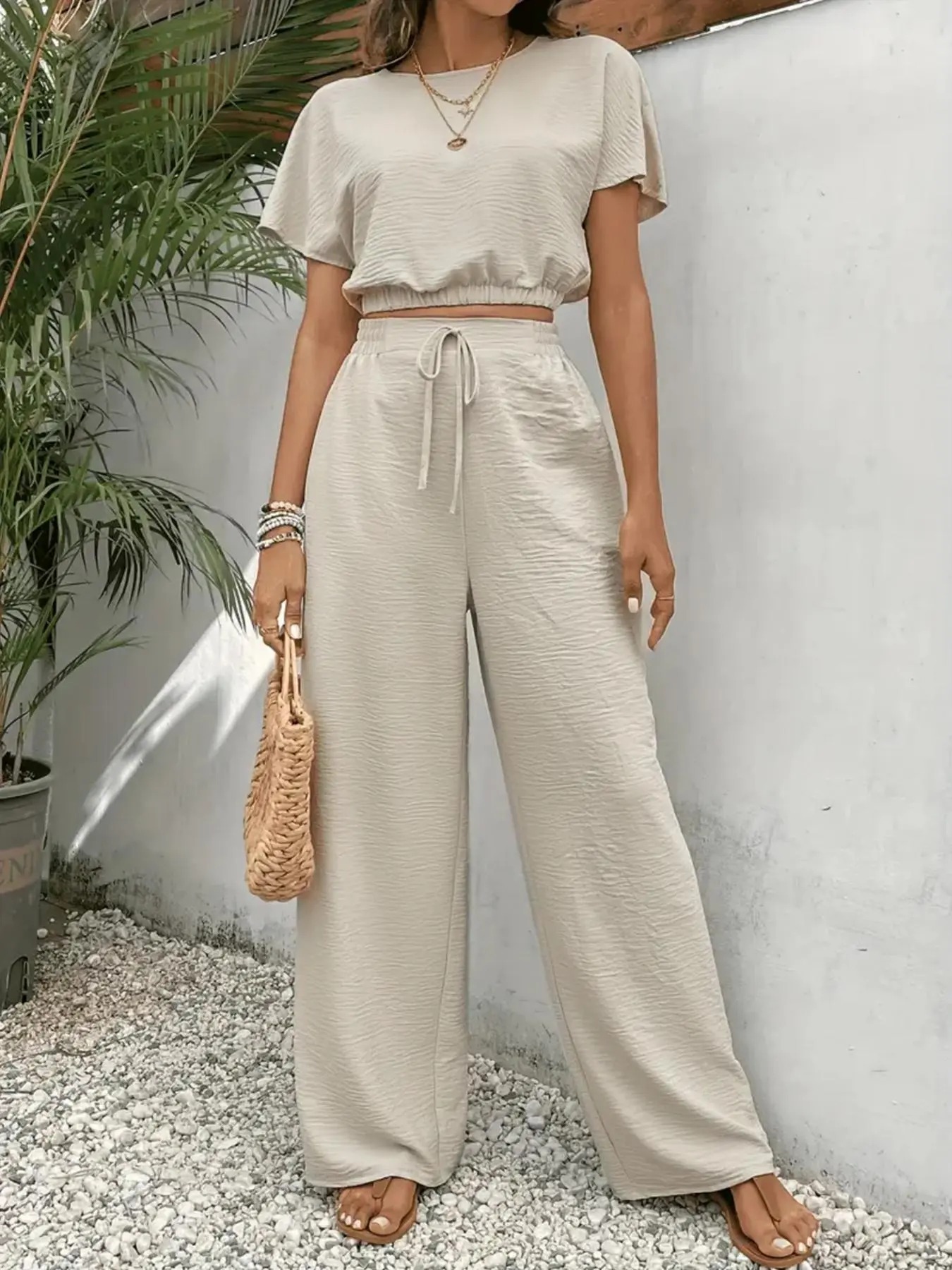 Women's Solid Color Rib-Knit Top & Wide Leg Pants Lounge Set