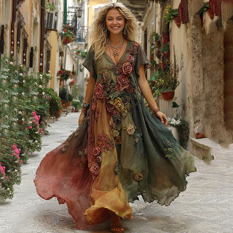 The Sunset Collection Vintage Rose And Floral Gradient Art Linen V Neck Maxi Dress