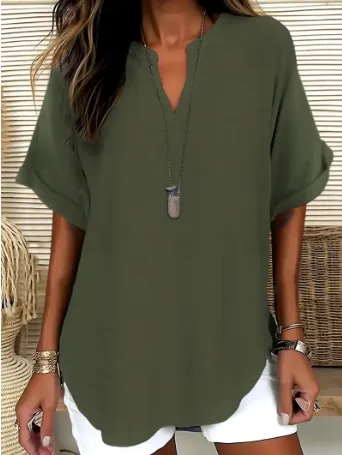 Women's Casual Solid Color Short Sleeve Blouse – Versatile Plain Top for Daily Wear, All-Season Comfort