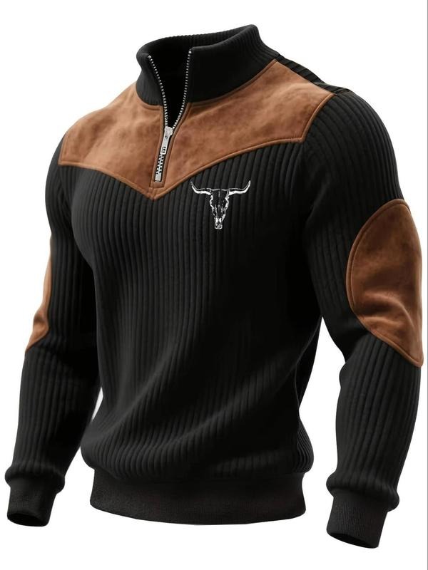 Men's Stand Collar Pullover Sweater, Autumn Winter Warm Half Zip Cow Head Print
