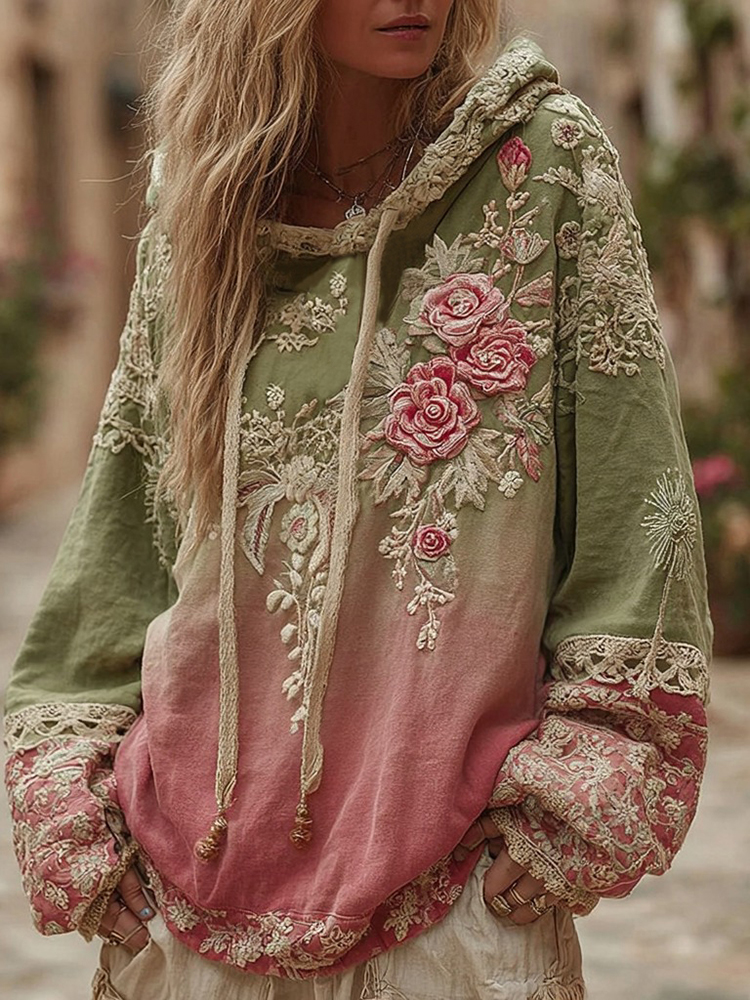 Love & Health Collection Classic Floral Embroidery Gradient Art Linen Long Sleeve Hoodie