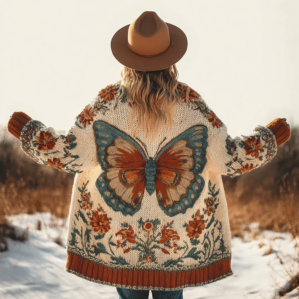 Bohemian Style Butterfly And Plant Floral Pattern Women's Cardigan Sweater