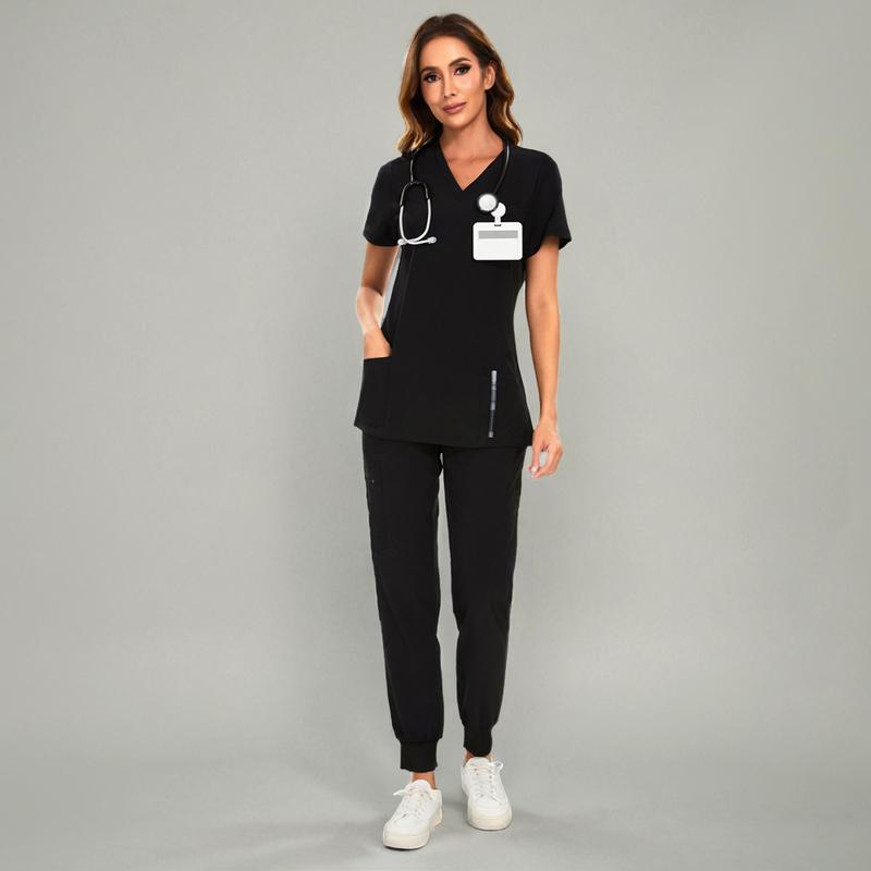 Women’s Stretch V-Neck Scrub Set (Top + Jogger Pants) – 8 Pocket Utility Uniform