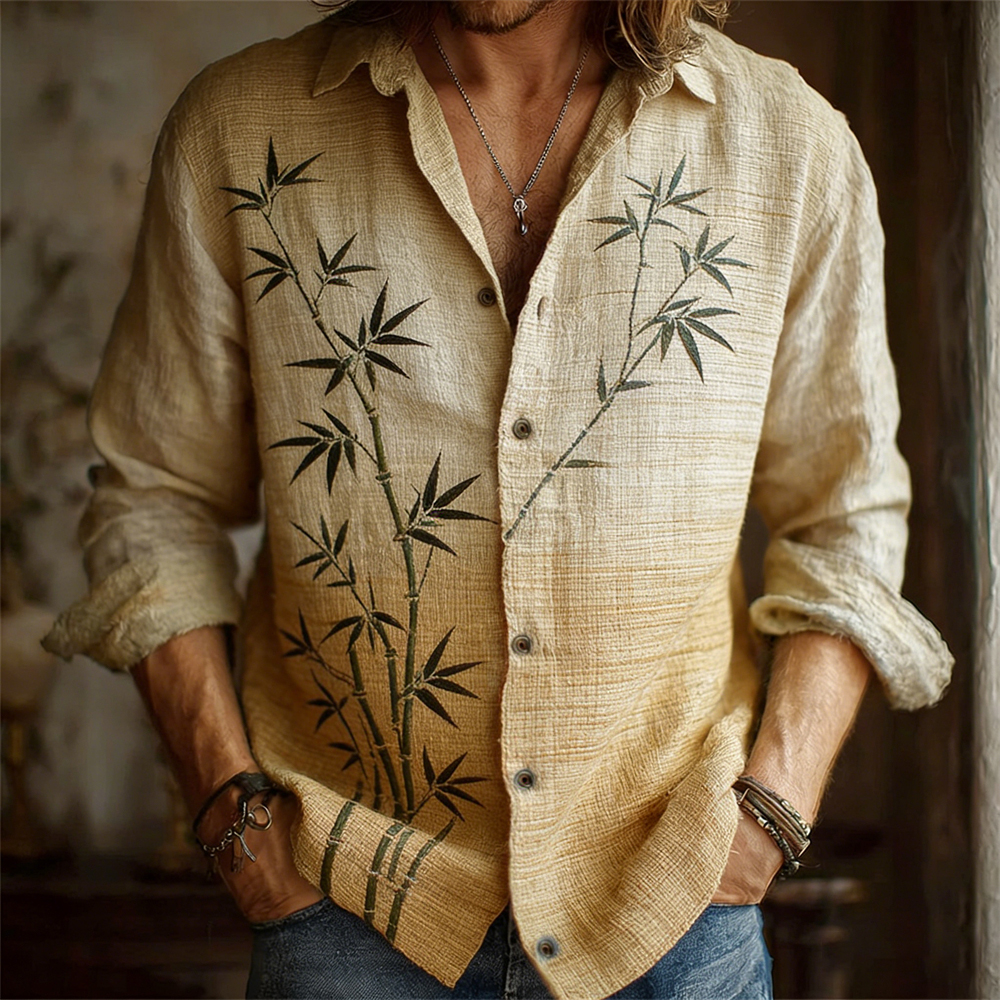 Japanese Bamboo Gradient Pattern Men's Linen Long Sleeve Shirt