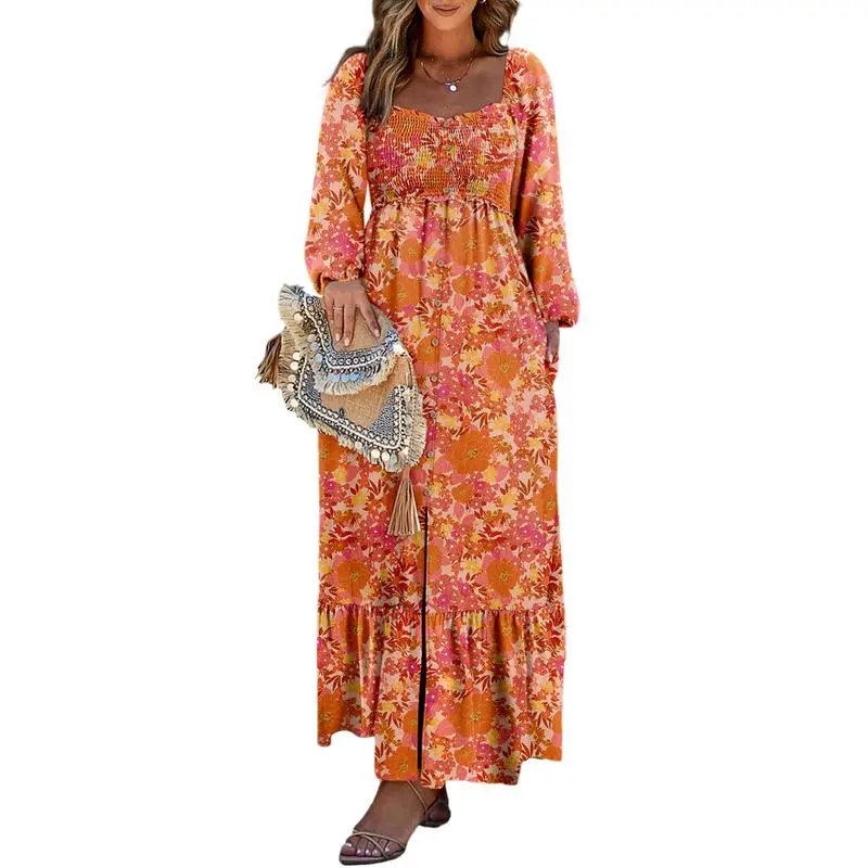Women’s Long Sleeve Boho Dress – Square Neck & Button Detail