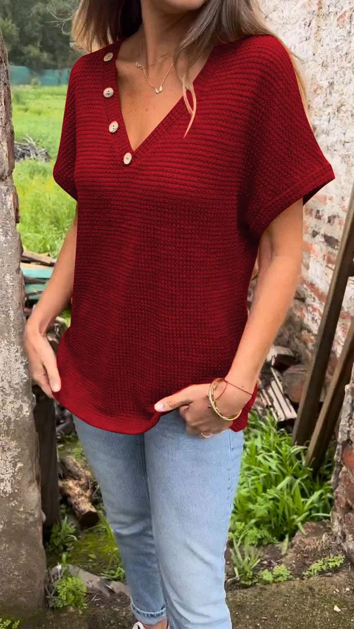Women Summer Casual Knitted Cotton and Linen V-neck Top