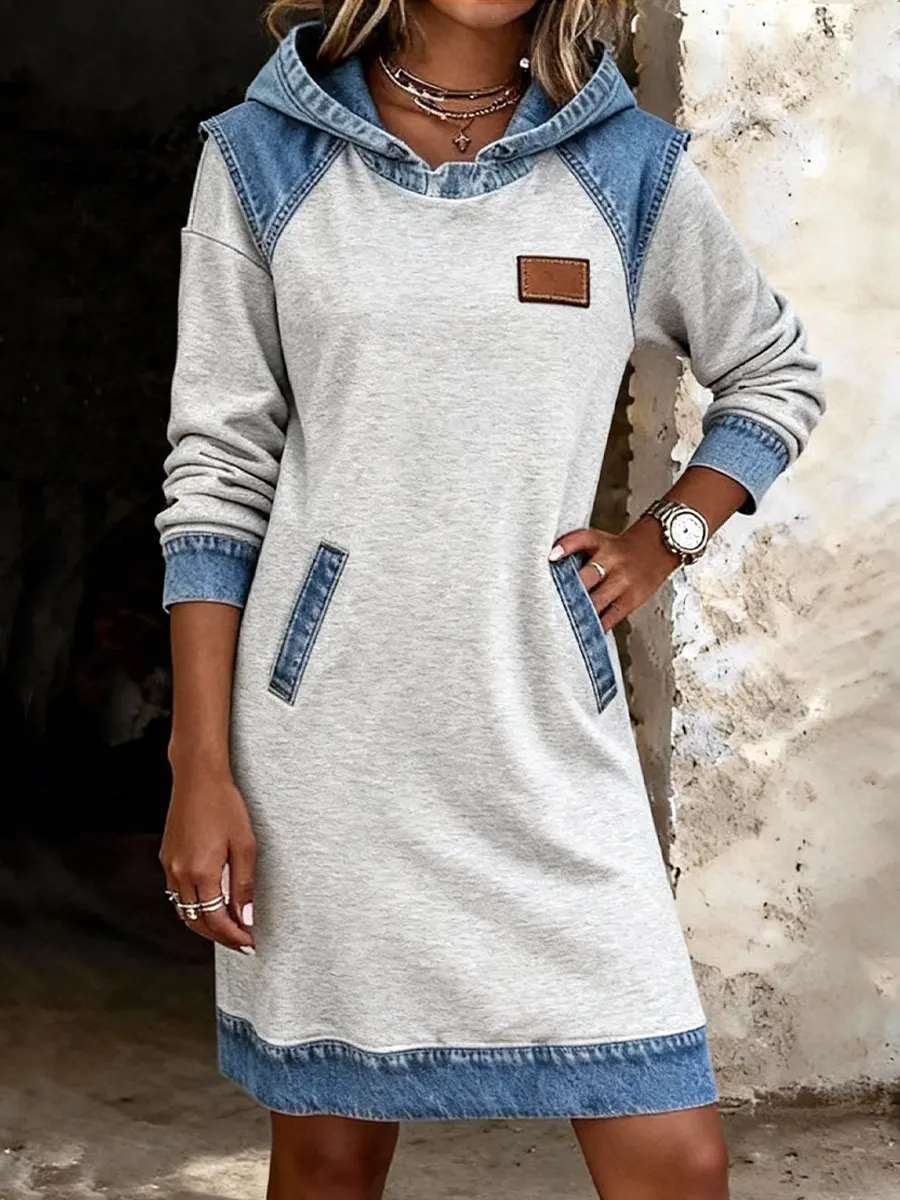 Women's Casual Hooded Denim Patchwork Sweatshirt Dress