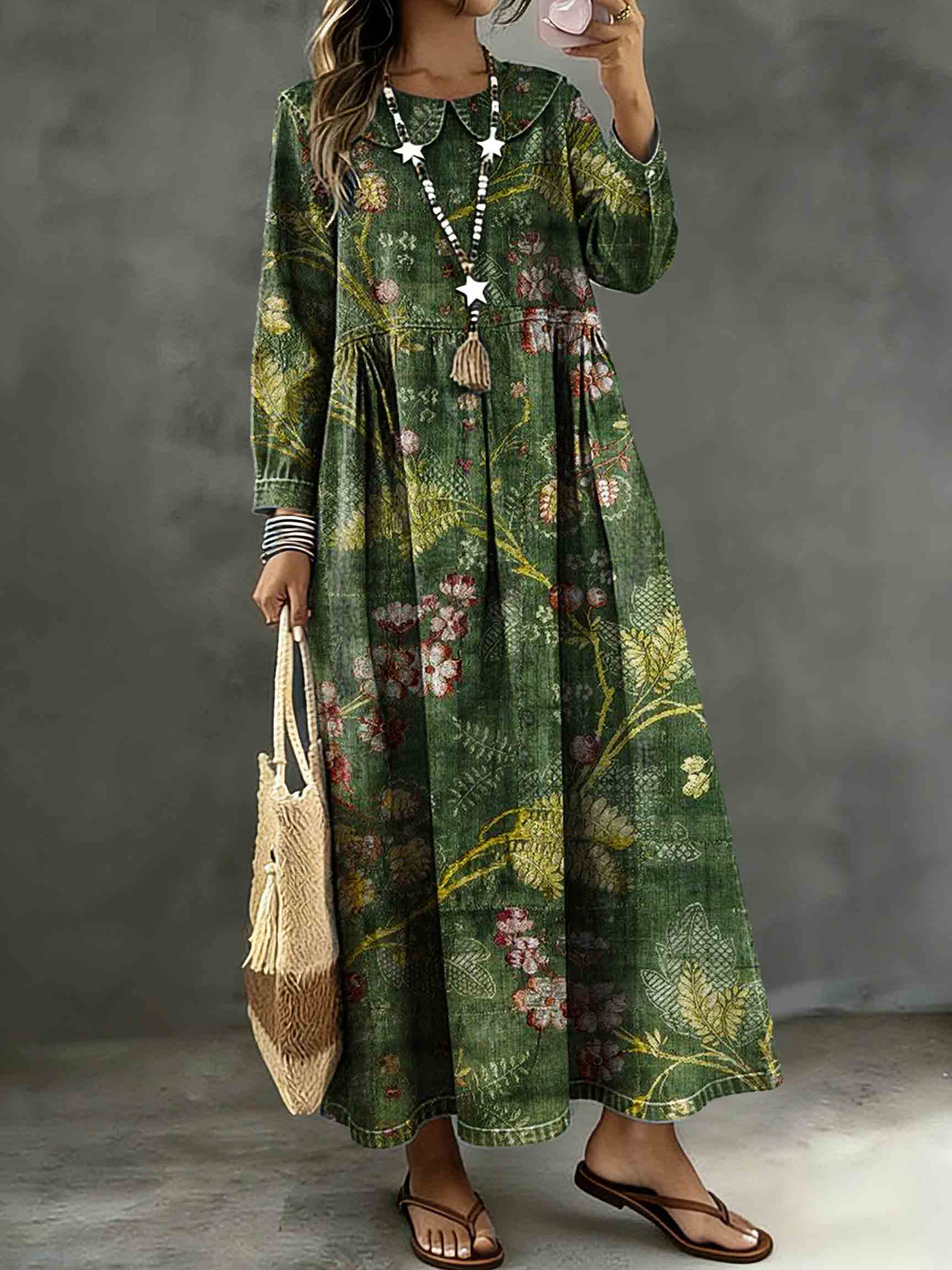 Women's Vintage Green Floral Art Print Lapel Collar Pleated Long Sleeve Casual Loose Denim Dress
