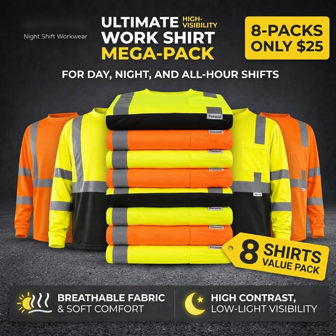 6-Pack Hi-Vis Long Sleeve Work T-Shirts with Pocket (Breathable & Quick-Dry)