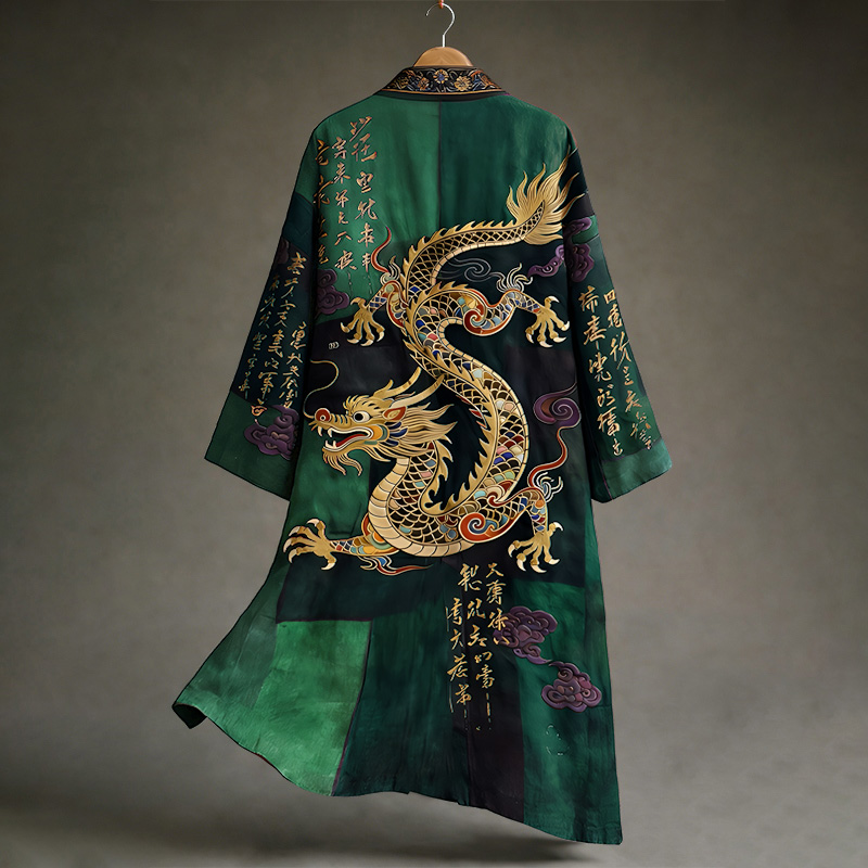 Men's Vintage Japanese Calligraphy Dragon Art Pattern Linen Blend Kimono