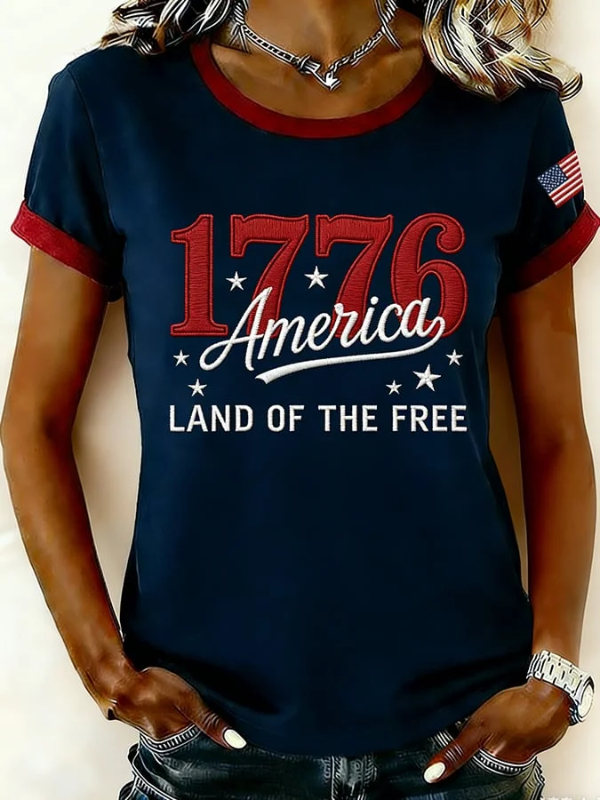 Women's Short Sleeve T-shirt Summer Navyblue Independence Day (Flag) Printing Jersey Crew Neck Daily Going Out Casual Top