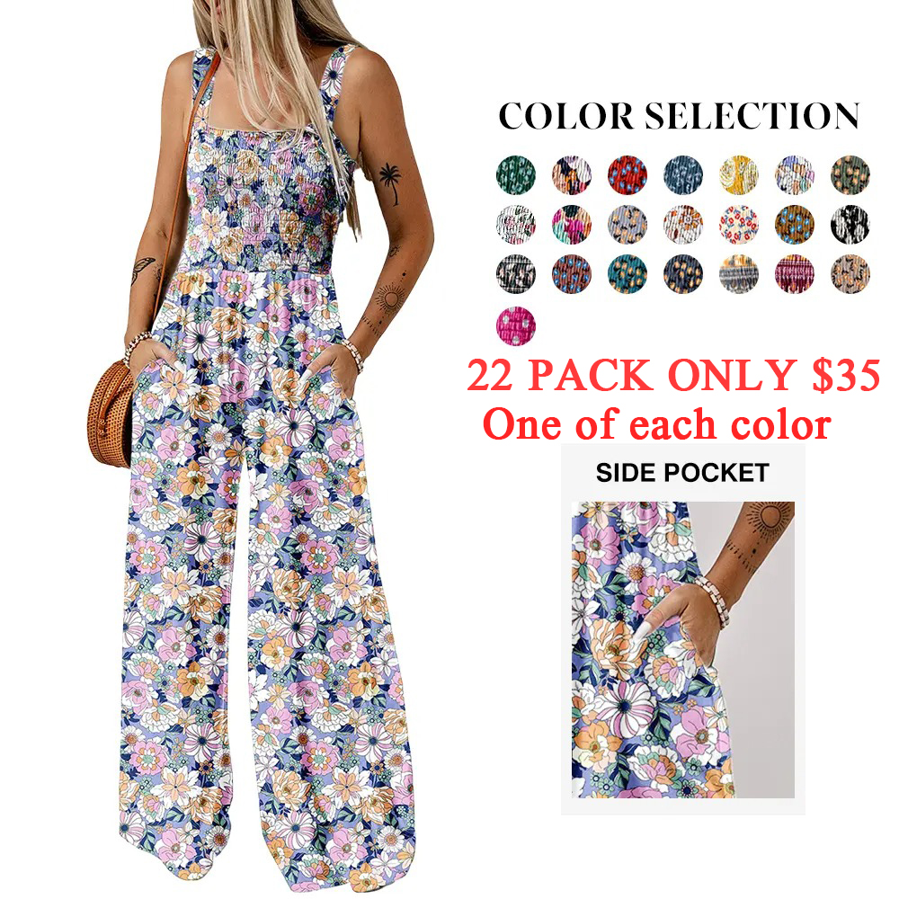 Women's Casual Loose Overalls Jumpsuits One Piece Sleeveless Printed Wide Leg Long Pant Rompers