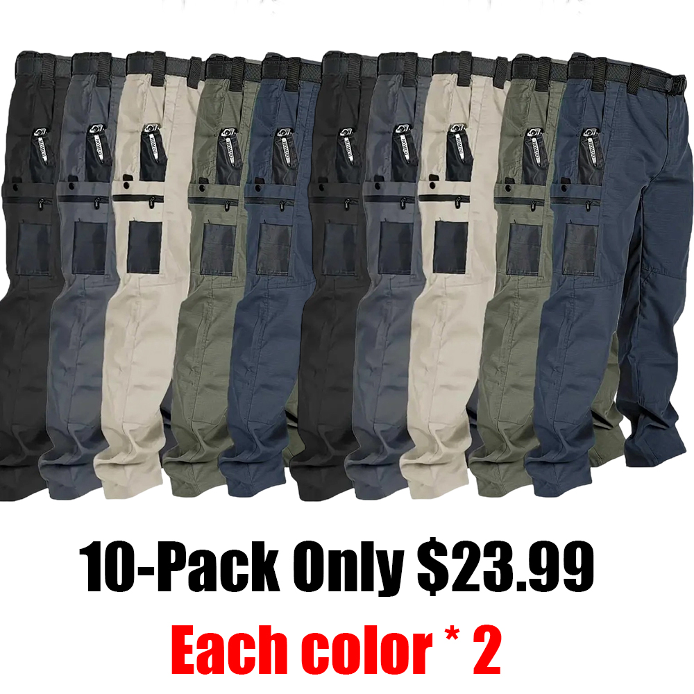 Men's Solid Color Tactical Work Pants with Multiple Pockets and Zipper Closures, Durable Outdoor Training Pants