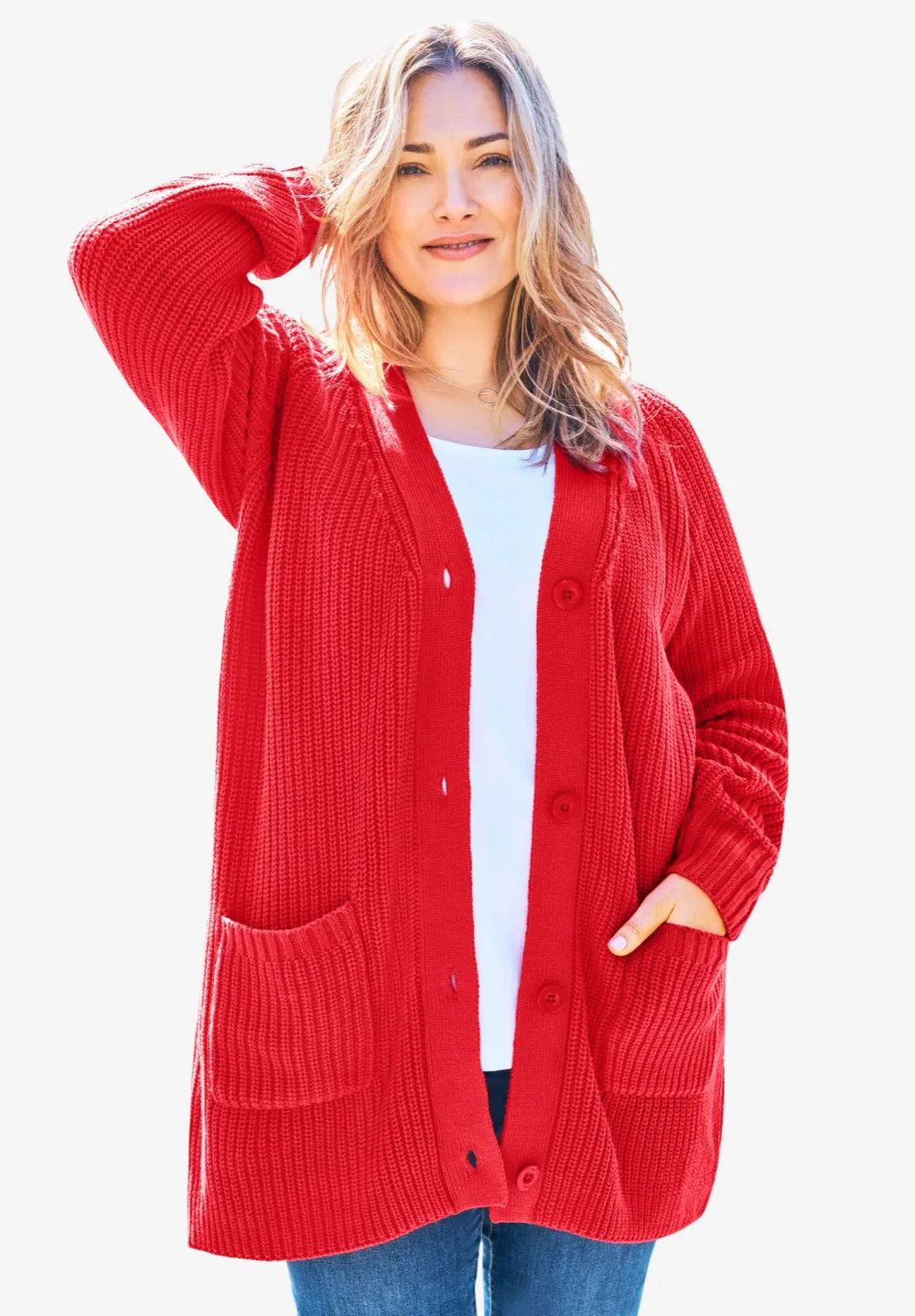 Button-Front Shaker Cardigan