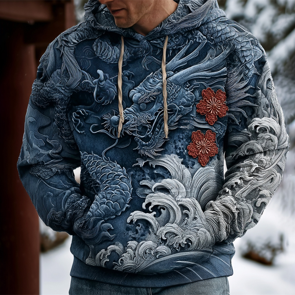 Japanese Dragon & Ocean Art Men's Hooded Sweatshirt