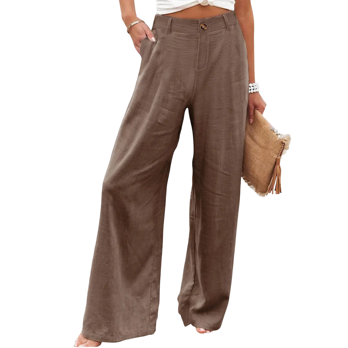 Kingapril Womens Cotton Linen Pants Casual Button Up High Waisted Wide Leg Trousers