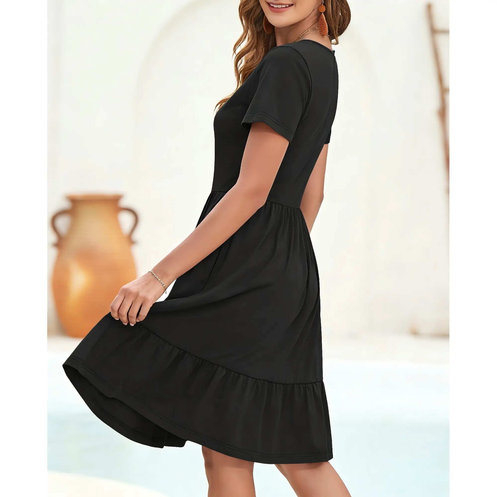 Womens Square Neck Casual Short Sleeve Dress 2026