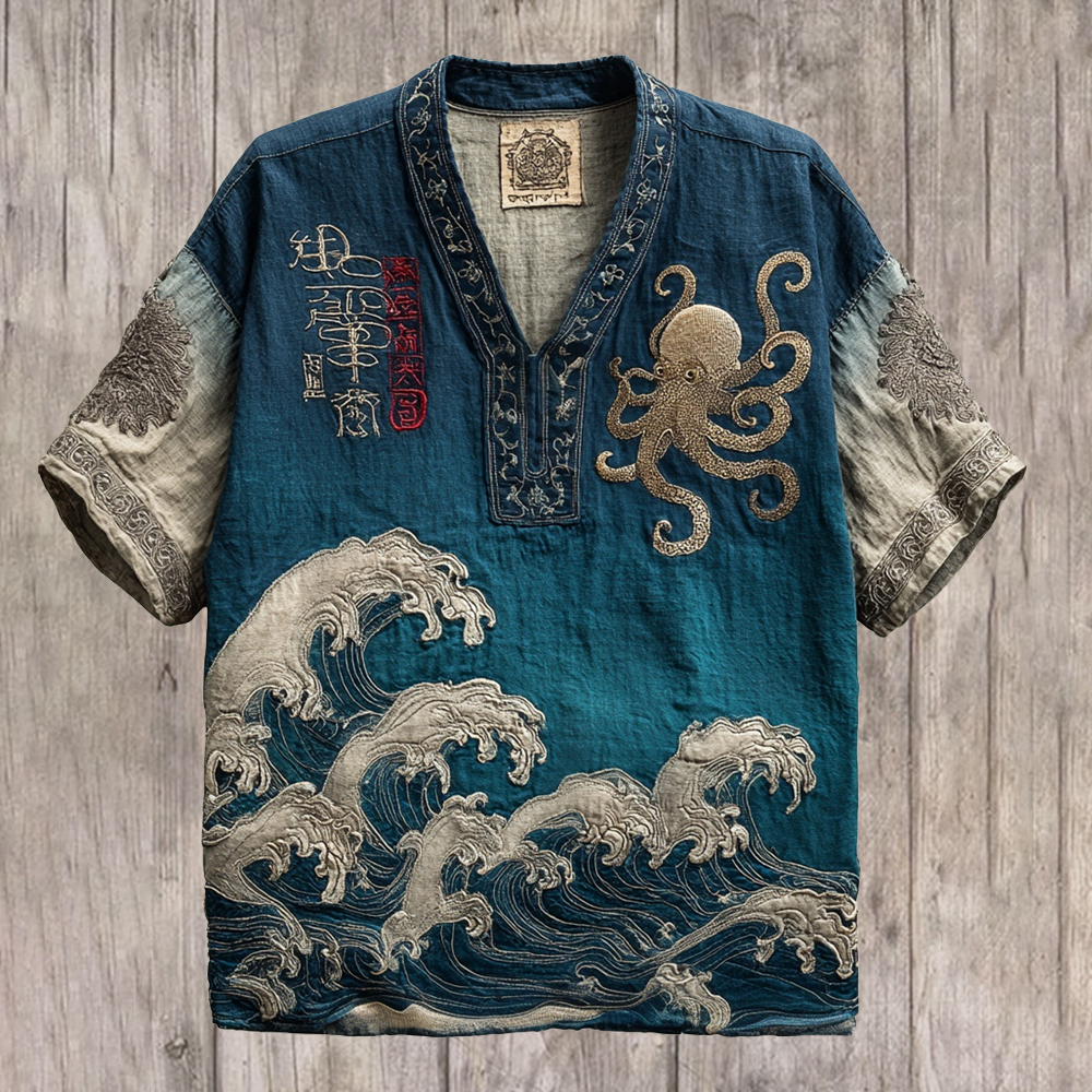 Japanese Wave & Octopus Art Men's Linen V-neck Shirt