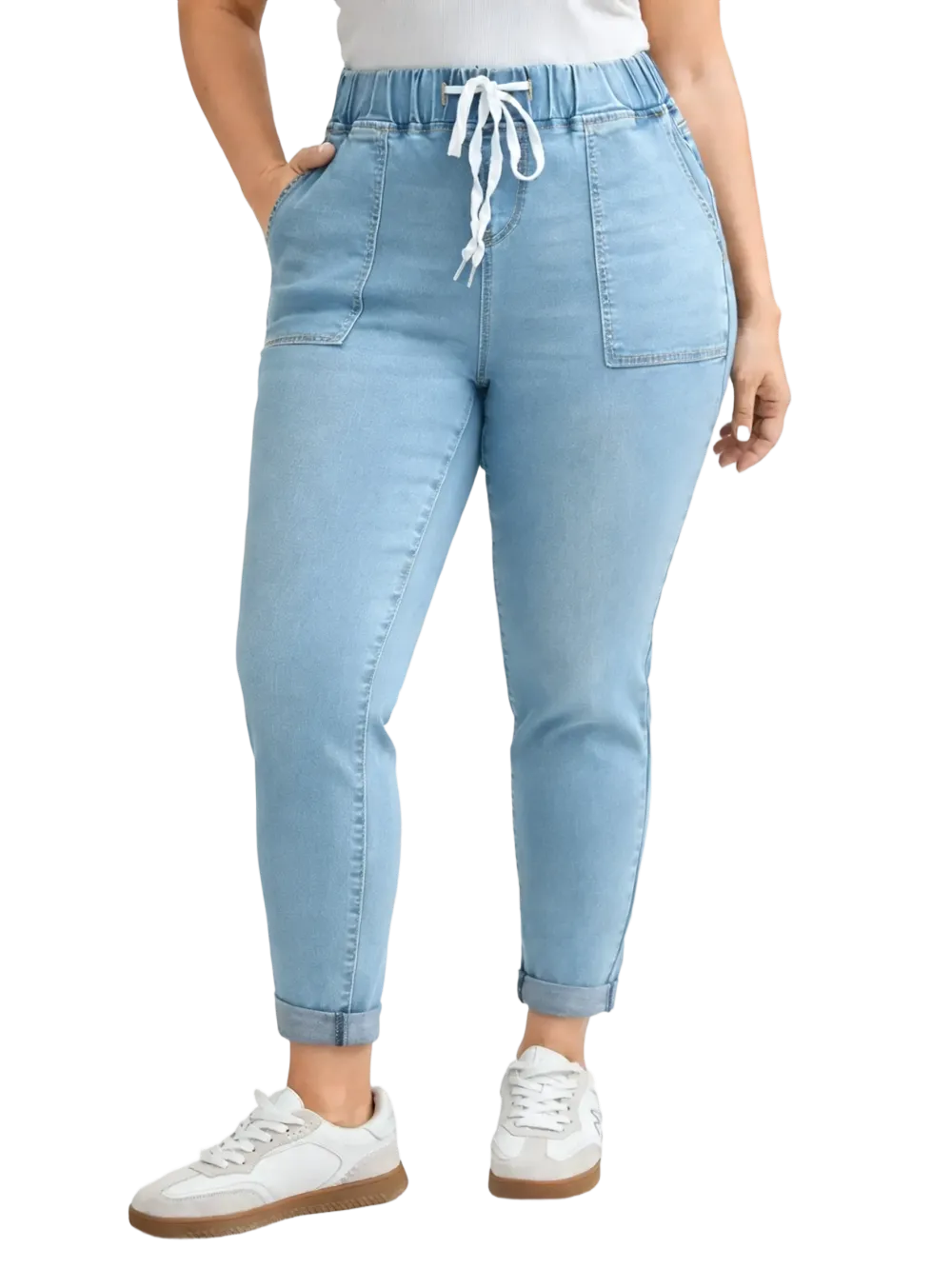 2026 Drawstring Elastic Waist Roll Hem Jeans