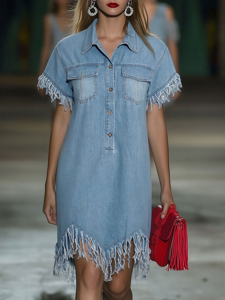 Casual Loose Vintage Denim Short Sleeve Shirt Tassel Mini Dress