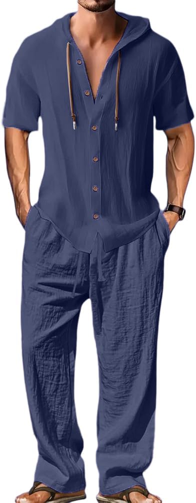 Men's Lightweight Hooded Two-Piece Set - Casual Vacation Loose Sweatshirt & Wide-Leg Pants for Summer