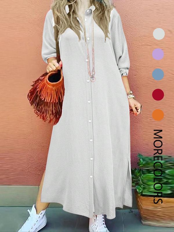 Women's Plain Button Shirt Collar Long Sleeve Dress, Casual Fashion Collared Long Dress for Daily Outdoor Wear, Women Dress for Spring & Summer, Classy Modest Dresses, Womenswear