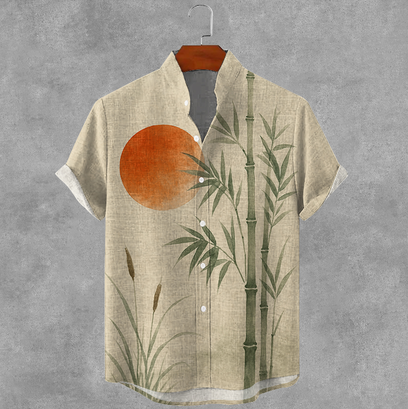 Men's Japanese Art Bamboo And Sunset Print Casual Short Sleeve Shirt