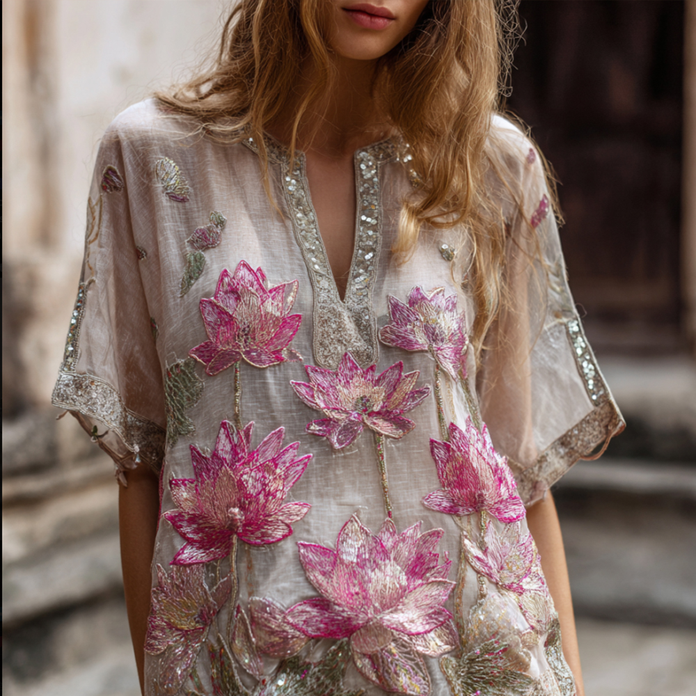 Bohemian Style Pink Three-dimensional Embroidery Gradient Multi-layer Lotus Flower Sequin Embellishment Light And Thin Vintage Short Sleeve V-neck Top