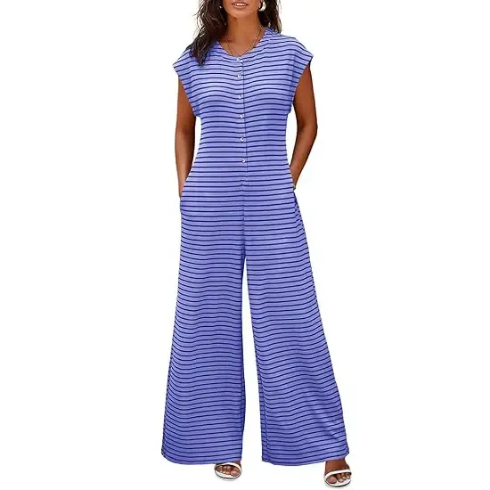Women’s Casual Striped Wide Leg Jumpsuit – Summer Cap Sleeve Button Down Romper with Pockets