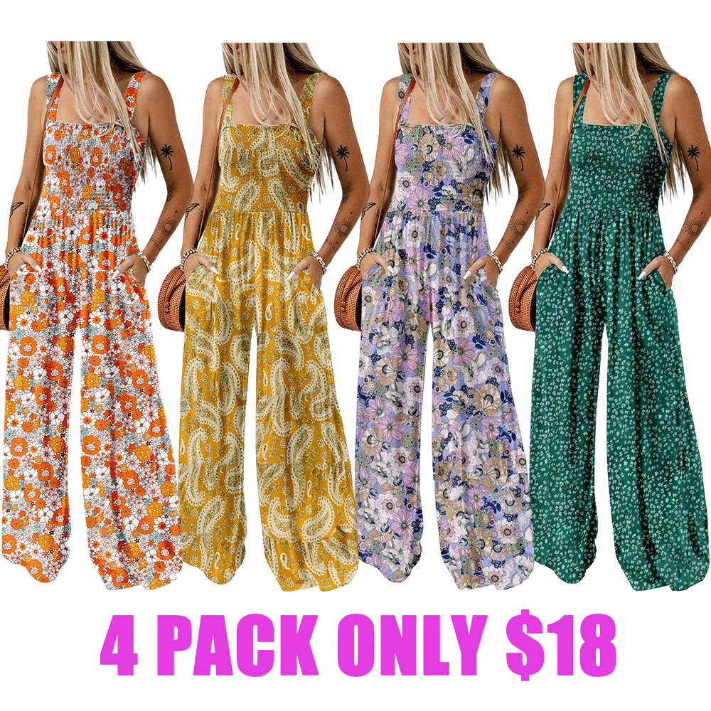 Women's Casual Loose Overalls Jumpsuits One Piece Sleeveless Printed Wide Leg Long Pant Rompers