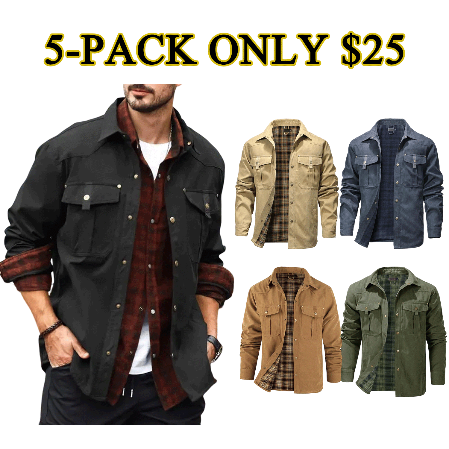 Men’s Flannel-Lined Western Shacket Jacket – Outdoor Twill Shirt Jacket