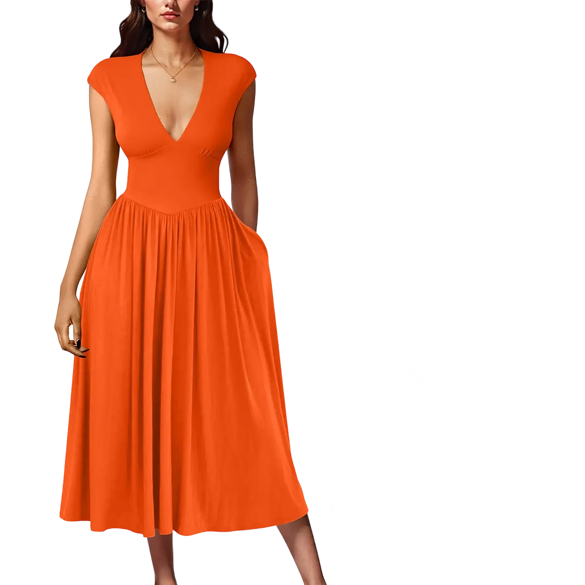 Women's Summer Deep V-Neck Cap Sleeve Pleated A‑Line Midi Dress with Pockets